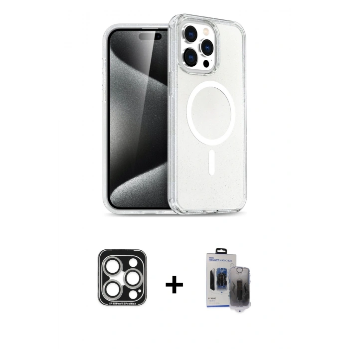 MARSİLYAN™- iPhone 15 Pro Max Kılıf Nova Asil Prime - Siyah Vanessa Magic Hayalet Cam + PVD Metal Kamera Lens - GS