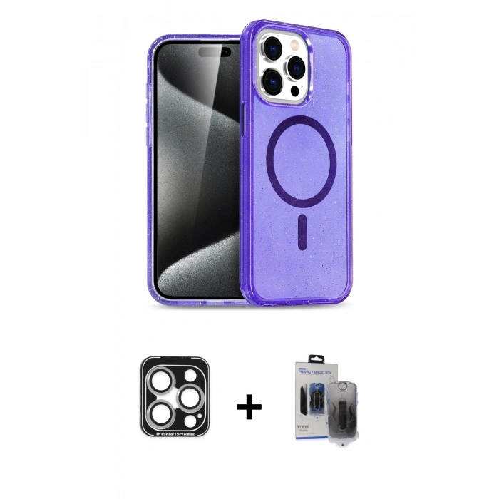 MARSİLYAN™- iPhone 15 Pro Max Kılıf Nova Asil Prime - Siyah Vanessa Magic Hayalet Cam + PVD Metal Kamera Lens - GS