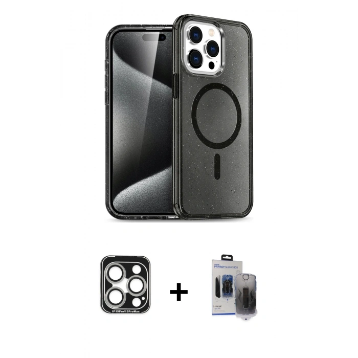 MARSİLYAN™- iPhone 15 Pro Max Kılıf Nova Asil Prime - Siyah Vanessa Magic Hayalet Cam + PVD Metal Kamera Lens - GS