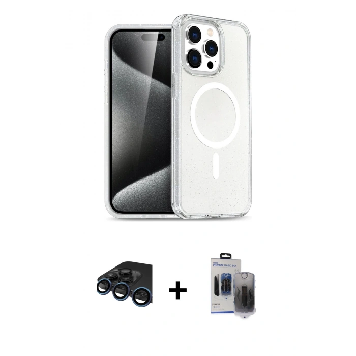 MARSİLYAN™- iPhone 15 Pro Max Kılıf Nova Asil Prime - Siyah Vanessa Magic Hayalet Cam + Lacivert Raze Metal Kamera Lens
