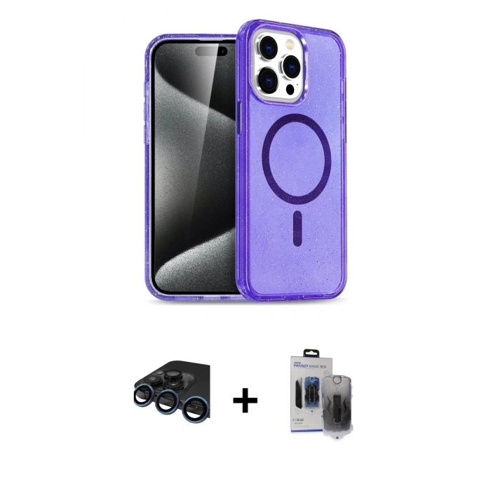 MARSİLYAN™- iPhone 15 Pro Max Kılıf Nova Asil Prime - Siyah Vanessa Magic Hayalet Cam + Lacivert Raze Metal Kamera Lens