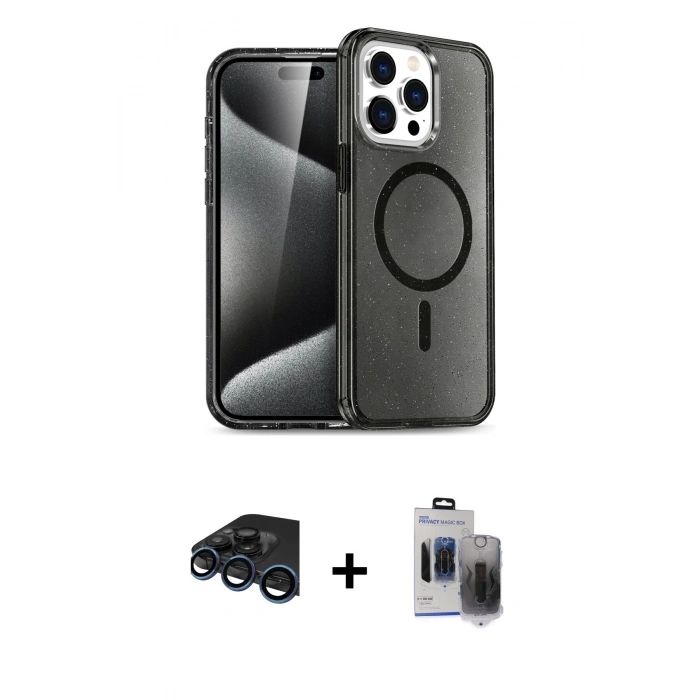 MARSİLYAN™- iPhone 15 Pro Max Kılıf Nova Asil Prime - Siyah Vanessa Magic Hayalet Cam + Lacivert Raze Metal Kamera Lens