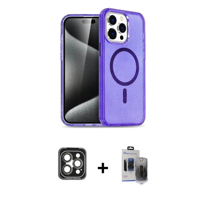 MARSİLYAN™- iPhone 15 Pro Max Kılıf Nova Asil Prime - Siyah Vanessa Magic Hayalet Cam + PVD Metal Kamera Lens - GI