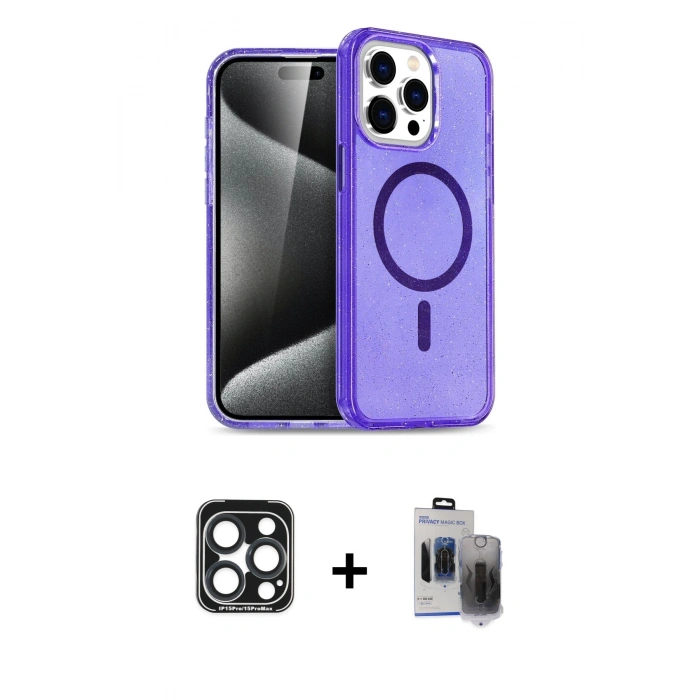 MARSİLYAN™- iPhone 15 Pro Max Kılıf Nova Asil Prime - Siyah Vanessa Magic Hayalet Cam + PVD Metal Kamera Lens - LT