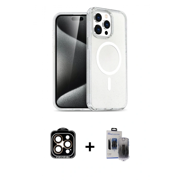 MARSİLYAN™- iPhone 15 Pro Max Kılıf Nova Asil Prime - Siyah Vanessa Magic Hayalet Cam + PVD Metal Kamera Lens - TU