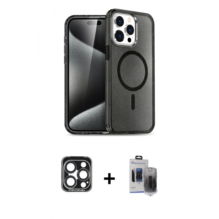 MARSİLYAN™- iPhone 15 Pro Max Kılıf Nova Asil Prime - Siyah Vanessa Magic Hayalet Cam + PVD Metal Kamera Lens - LT