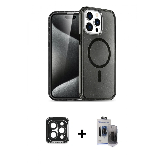 MARSİLYAN™- iPhone 15 Pro Max Kılıf Nova Asil Prime - Siyah Vanessa Magic Hayalet Cam + Siyah PVD Metal Kamera Lens