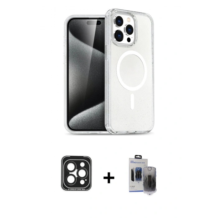 MARSİLYAN™- iPhone 15 Pro Max Kılıf Nova Asil Prime - Siyah Vanessa Magic Hayalet Cam + Siyah PVD Metal Kamera Lens