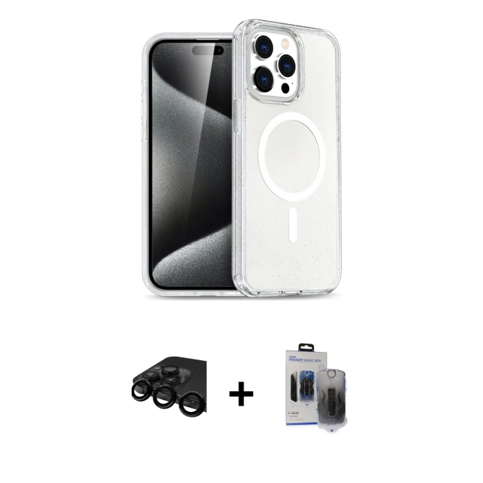 MARSİLYAN™- iPhone 15 Pro Max Kılıf Nova Asil Prime - Siyah Vanessa Magic Hayalet Cam + Raze Metal Kamera Lens - SH