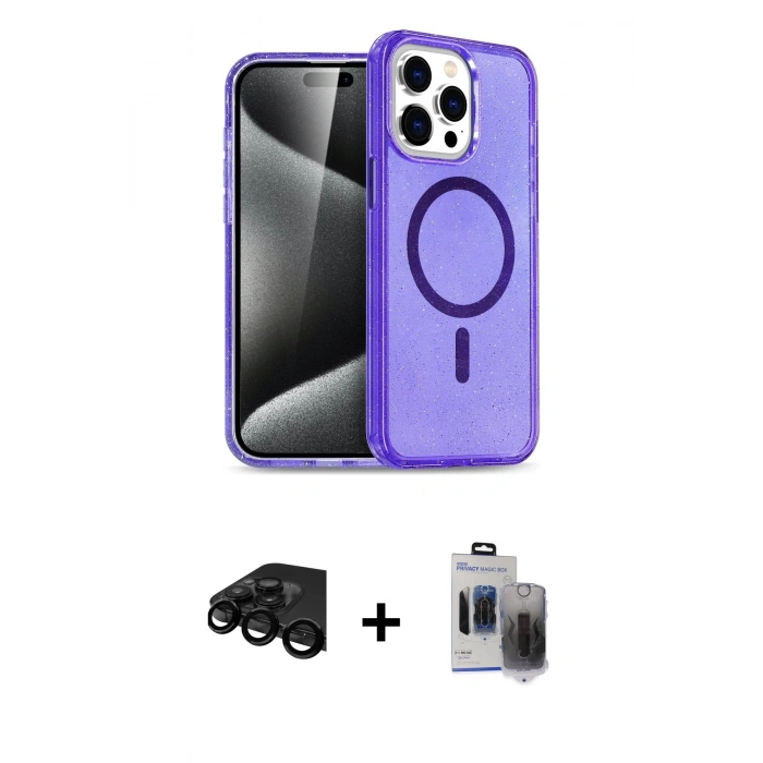 MARSİLYAN™- iPhone 15 Pro Max Kılıf Nova Asil Prime - Siyah Vanessa Magic Hayalet Cam + Raze Metal Kamera Lens - SH