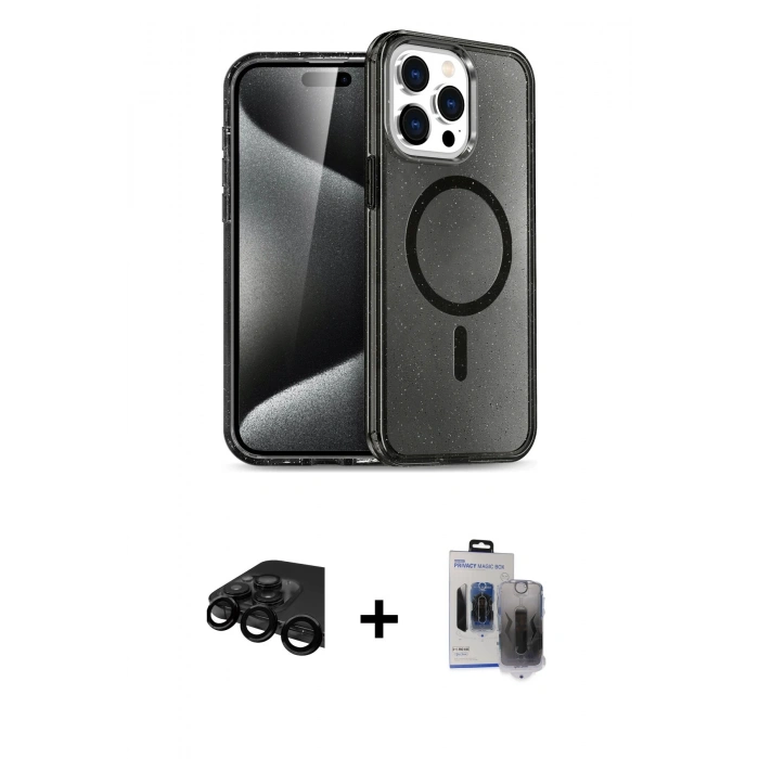 MARSİLYAN™- iPhone 15 Pro Max Kılıf Nova Asil Prime - Siyah Vanessa Magic Hayalet Cam + Raze Metal Kamera Lens - SH
