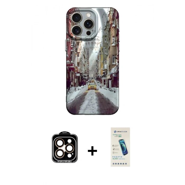 MARSİLYAN™- iPhone 15 Pro Max Kılıf Nova Doku Prime - Şeffaf Pasifik Cam Ekran Koruyucu + PVD Metal Kamera Lens - TU