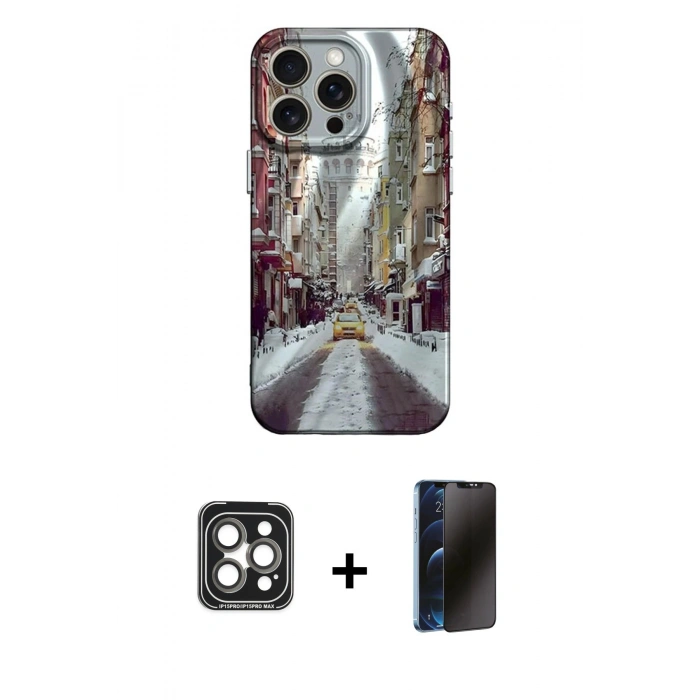 MARSİLYAN™- iPhone 15 Pro Max Kılıf Nova Doku Prime - Siyah 3D Antistatik Hayalet Cam Ekran Koruyucu + Gri PVD Metal Kamera Lens