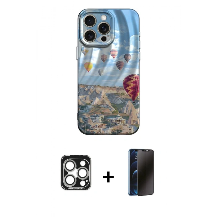 MARSİLYAN™- iPhone 15 Pro Max Kılıf Nova Doku Prime - Siyah 3D Antistatik Hayalet Cam Ekran Koruyucu + Gümüş PVD Metal Kamera Lens