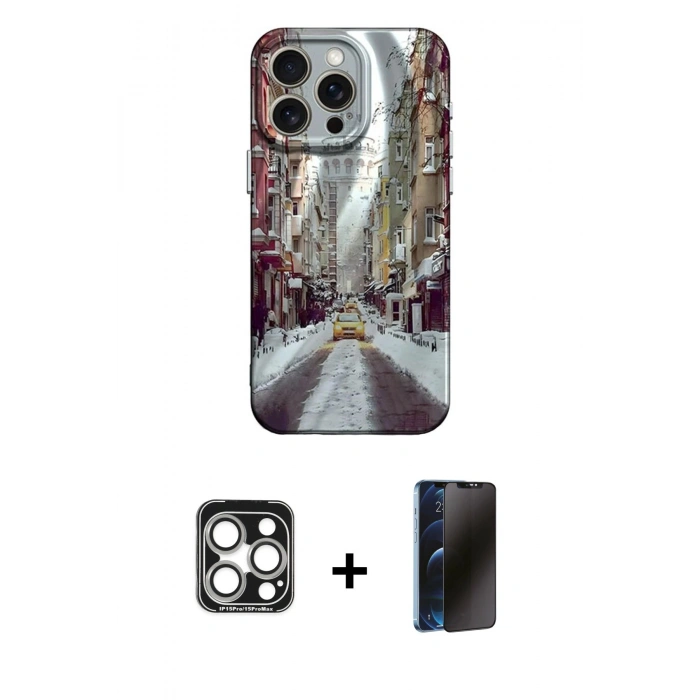 MARSİLYAN™- iPhone 15 Pro Max Kılıf Nova Doku Prime - Siyah 3D Antistatik Hayalet Cam Ekran Koruyucu + Gümüş PVD Metal Kamera Lens