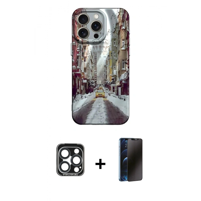 MARSİLYAN™- iPhone 15 Pro Max Kılıf Nova Doku Prime - Siyah 3D Antistatik Hayalet Cam Ekran Koruyucu + PVD Metal Kamera Lens - LT