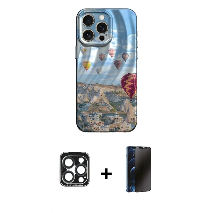 MARSİLYAN™- iPhone 15 Pro Max Kılıf Nova Doku Prime - Siyah 3D Antistatik Hayalet Cam Ekran Koruyucu + PVD Metal Kamera Lens - LT