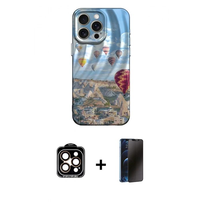 MARSİLYAN™- iPhone 15 Pro Max Kılıf Nova Doku Prime - Siyah 3D Antistatik Hayalet Cam Ekran Koruyucu + PVD Metal Kamera Lens - TU