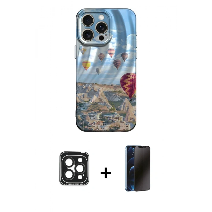 MARSİLYAN™- iPhone 15 Pro Max Kılıf Nova Doku Prime - Siyah 3D Antistatik Hayalet Cam Ekran Koruyucu + PVD Metal Kamera Lens - SH