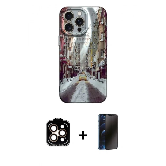 MARSİLYAN™- iPhone 15 Pro Max Kılıf Nova Doku Prime - Siyah 3D Antistatik Hayalet Cam Ekran Koruyucu + PVD Metal Kamera Lens - TU