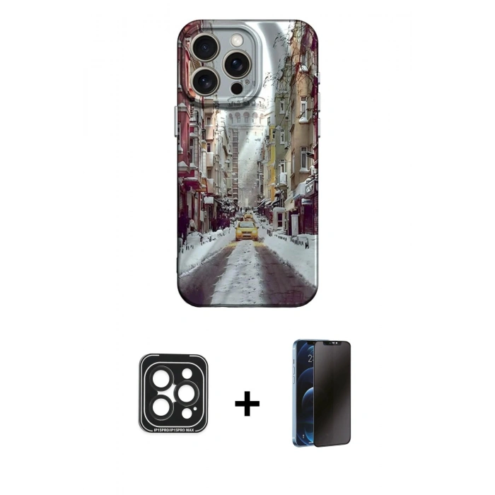 MARSİLYAN™- iPhone 15 Pro Max Kılıf Nova Doku Prime - Siyah 3D Antistatik Hayalet Cam Ekran Koruyucu + PVD Metal Kamera Lens - SH