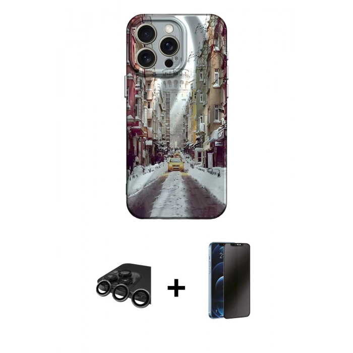 MARSİLYAN™- iPhone 15 Pro Max Kılıf Nova Doku Prime - Siyah 3D Antistatik Hayalet Cam Ekran Koruyucu + Raze Metal Kamera Lens - TMGI