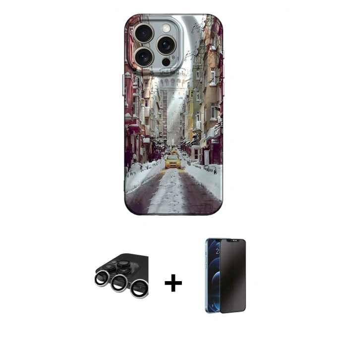 MARSİLYAN™- iPhone 15 Pro Max Kılıf Nova Doku Prime - Siyah 3D Antistatik Hayalet Cam Ekran Koruyucu + Raze Metal Kamera Lens - GS