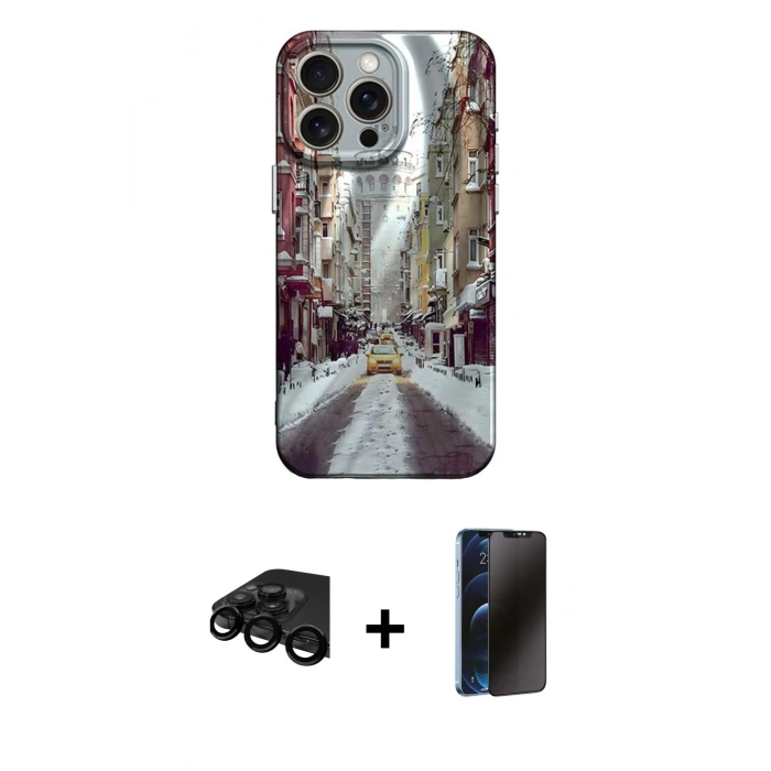 MARSİLYAN™- iPhone 15 Pro Max Kılıf Nova Doku Prime - Siyah 3D Antistatik Hayalet Cam Ekran Koruyucu + Siyah Raze Metal Kamera Lens