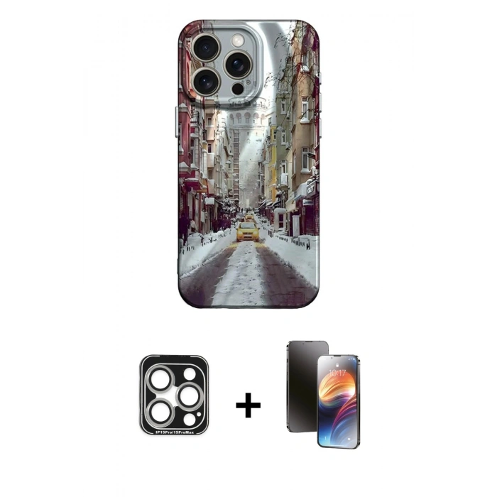 MARSİLYAN™- iPhone 15 Pro Max Kılıf Nova Doku Prime - Siyah 3D Antistatik Mat Seramik Nano Ekran Koruyucu + Gümüş PVD Metal Kamera Lens