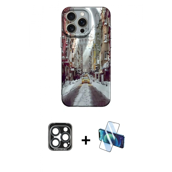 MARSİLYAN™- iPhone 15 Pro Max Kılıf Nova Doku Prime - Siyah 3D Antistatik Seramik Nano Ekran Koruyucu + PVD Metal Kamera Lens - LT