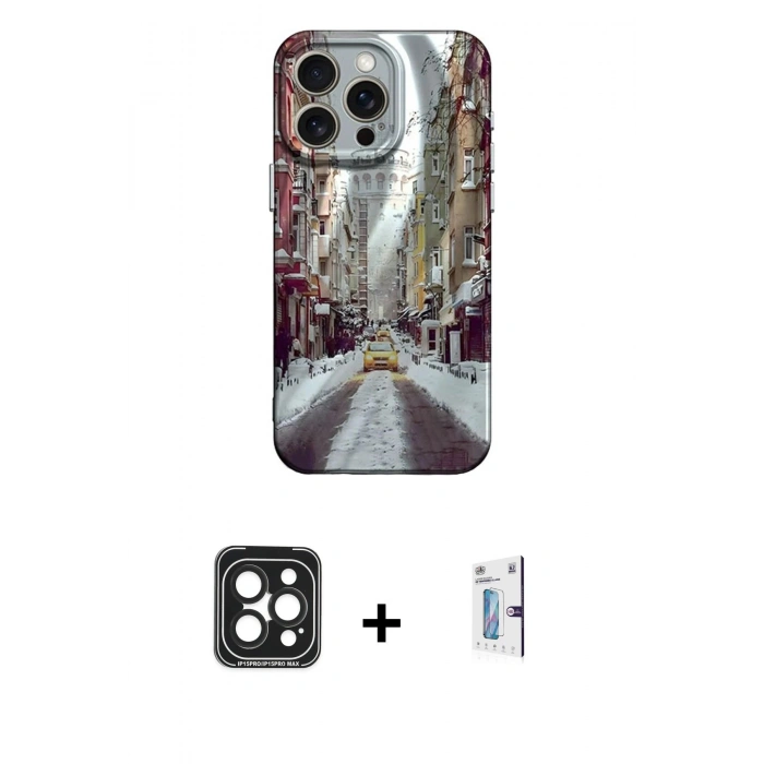 MARSİLYAN™- iPhone 15 Pro Max Kılıf Nova Doku Prime - Siyah Bilvis 0.18mm Plus Cam Ekran Koruyucu + Siyah PVD Metal Kamera Lens