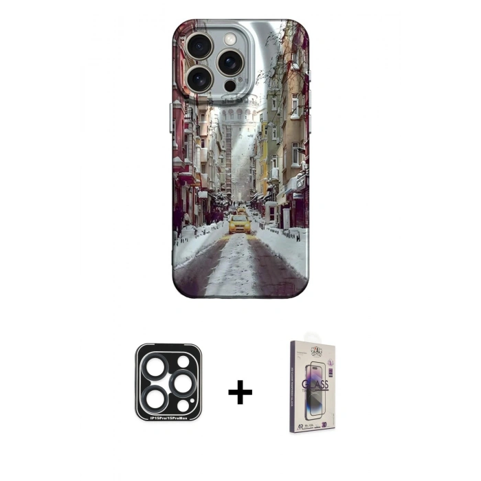 MARSİLYAN™- iPhone 15 Pro Max Kılıf Nova Doku Prime - Siyah Bilvis 3D Cam Ekran Koruyucu + PVD Metal Kamera Lens - LT