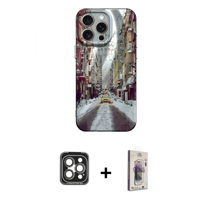 MARSİLYAN™- iPhone 15 Pro Max Kılıf Nova Doku Prime - Siyah Bilvis 3D Cam Ekran Koruyucu + PVD Metal Kamera Lens - GI