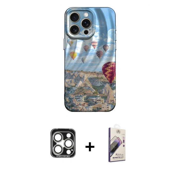 MARSİLYAN™- iPhone 15 Pro Max Kılıf Nova Doku Prime - Siyah Bilvis 3D Mat Cam Ekran Koruyucu + Gümüş PVD Metal Kamera Lens