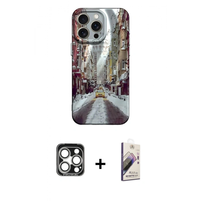 MARSİLYAN™- iPhone 15 Pro Max Kılıf Nova Doku Prime - Siyah Bilvis 3D Mat Cam Ekran Koruyucu + Gümüş PVD Metal Kamera Lens
