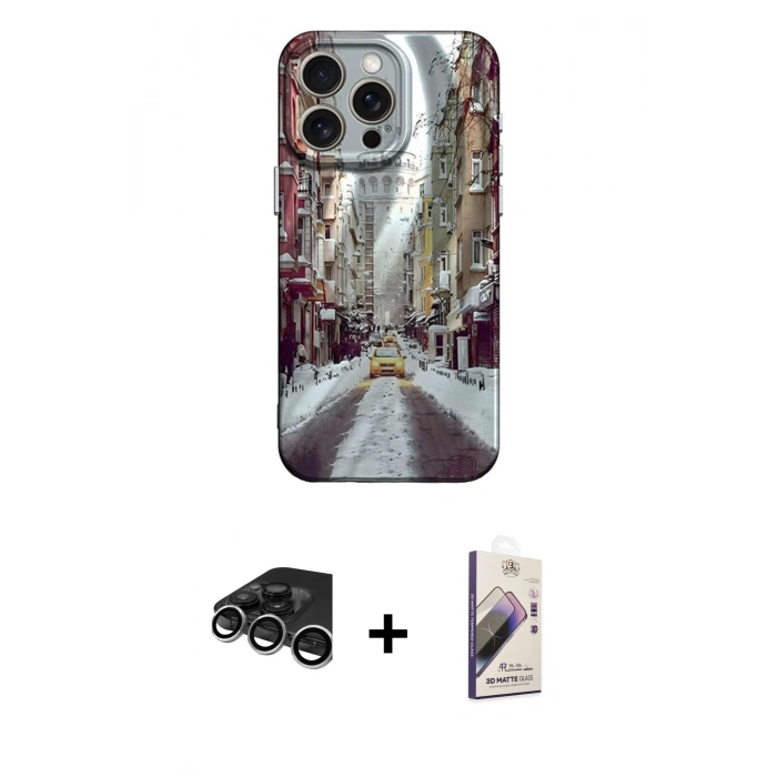 MARSİLYAN™- iPhone 15 Pro Max Kılıf Nova Doku Prime - Siyah Bilvis 3D Mat Cam Ekran Koruyucu + Raze Metal Kamera Lens - GS