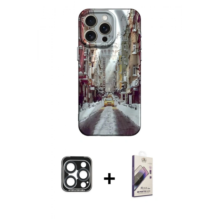 MARSİLYAN™- iPhone 15 Pro Max Kılıf Nova Doku Prime - Siyah Bilvis 3D Mat Cam Ekran Koruyucu + PVD Metal Kamera Lens - LT