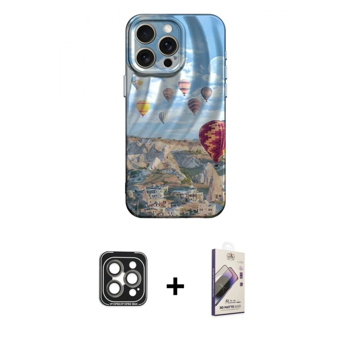 MARSİLYAN™- iPhone 15 Pro Max Kılıf Nova Doku Prime - Siyah Bilvis 3D Mat Cam Ekran Koruyucu + PVD Metal Kamera Lens - GI