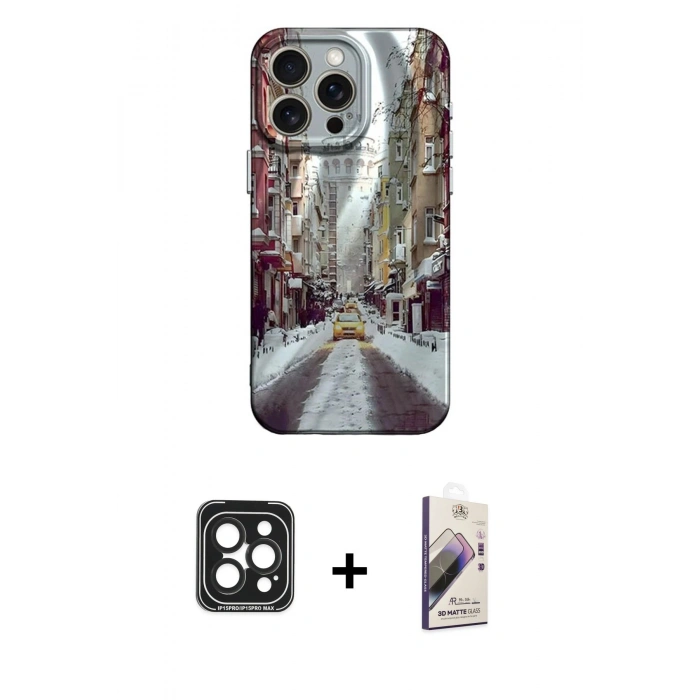 MARSİLYAN™- iPhone 15 Pro Max Kılıf Nova Doku Prime - Siyah Bilvis 3D Mat Cam Ekran Koruyucu + PVD Metal Kamera Lens - SH