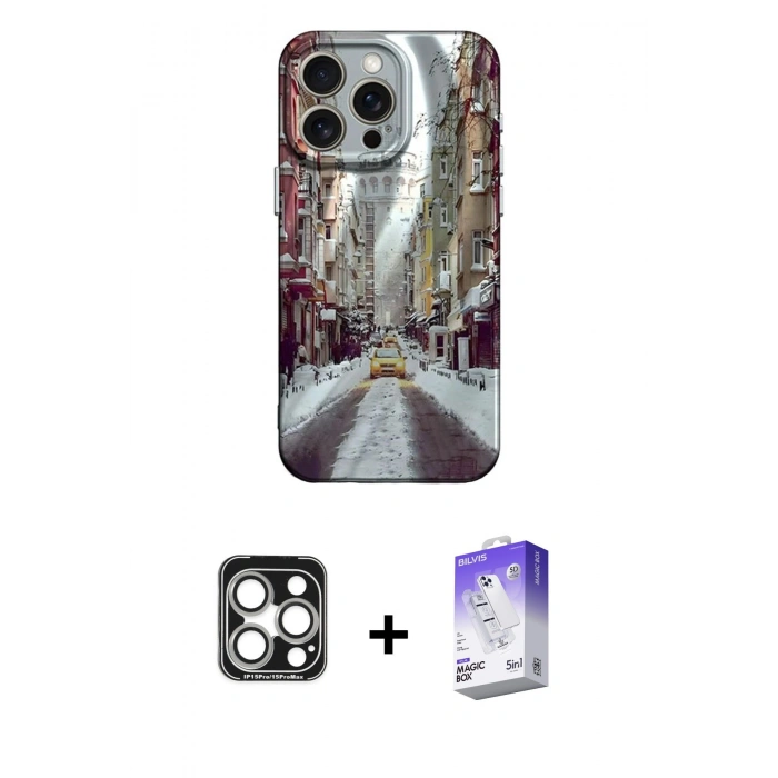 MARSİLYAN™- iPhone 15 Pro Max Kılıf Nova Doku Prime - Siyah Bilvis 5in1 3D Magic Cam Ekran Koruyucu + PVD Metal Kamera Lens - GS
