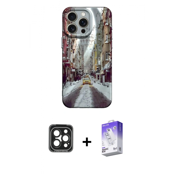MARSİLYAN™- iPhone 15 Pro Max Kılıf Nova Doku Prime - Siyah Bilvis 5in1 3D Magic Cam Ekran Koruyucu + PVD Metal Kamera Lens - SH