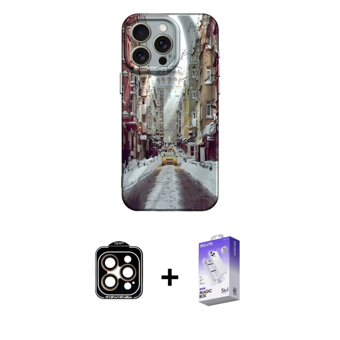 MARSİLYAN™- iPhone 15 Pro Max Kılıf Nova Doku Prime - Siyah Bilvis 5in1 3D Magic Cam Ekran Koruyucu + PVD Metal Kamera Lens - TU