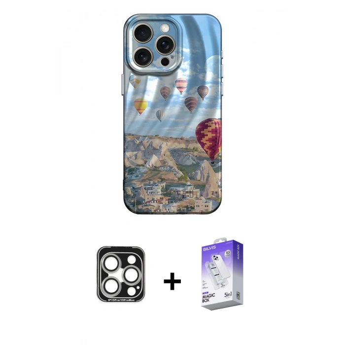 MARSİLYAN™- iPhone 15 Pro Max Kılıf Nova Doku Prime - Siyah Bilvis 5in1 3D Magic Cam Ekran Koruyucu + PVD Metal Kamera Lens - GS
