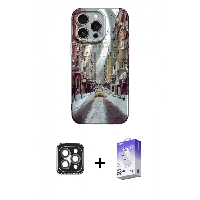 MARSİLYAN™- iPhone 15 Pro Max Kılıf Nova Doku Prime - Siyah Bilvis 5in1 3D Magic Cam Ekran Koruyucu + PVD Metal Kamera Lens - GI