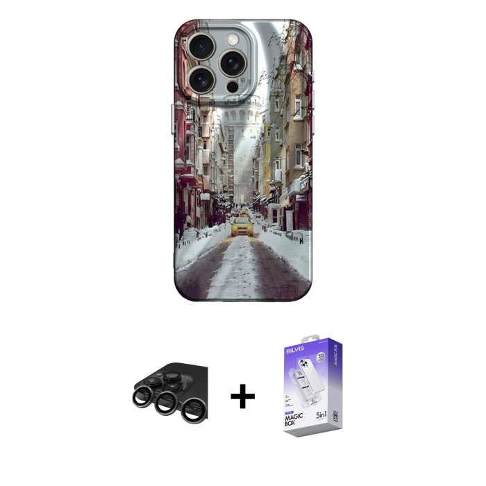 MARSİLYAN™- iPhone 15 Pro Max Kılıf Nova Doku Prime - Siyah Bilvis 5in1 3D Magic Cam Ekran Koruyucu + Raze Metal Kamera Lens - TMGI