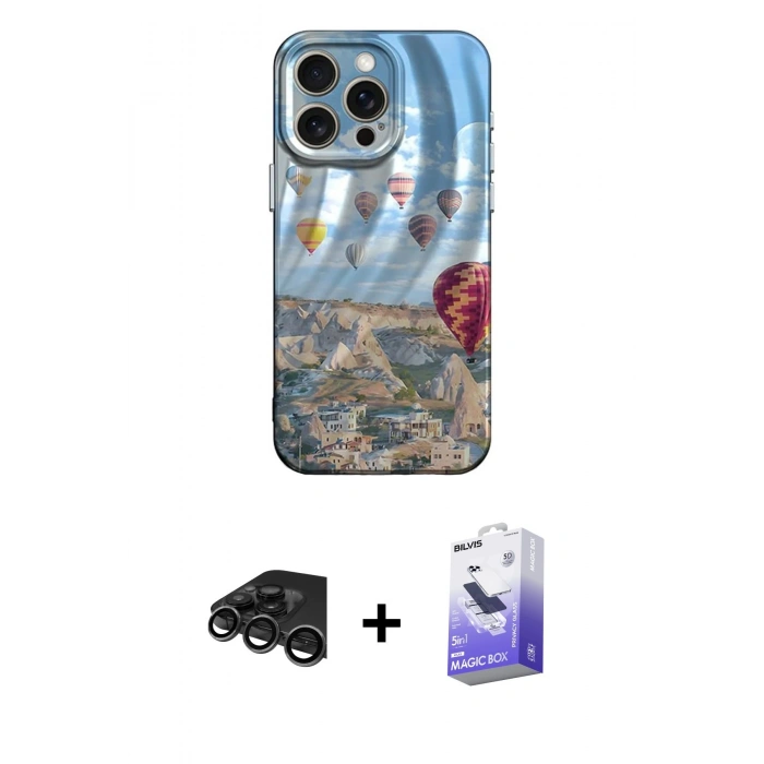 MARSİLYAN™- iPhone 15 Pro Max Kılıf Nova Doku Prime - Siyah Bilvis 5in1 5D Magic Hayalet Cam Ekran Koruyucu + Raze Metal Kamera Lens - TMGI