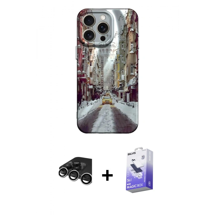 MARSİLYAN™- iPhone 15 Pro Max Kılıf Nova Doku Prime - Siyah Bilvis 5in1 5D Magic Hayalet Cam Ekran Koruyucu + Raze Metal Kamera Lens - GS