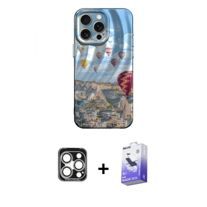 MARSİLYAN™- iPhone 15 Pro Max Kılıf Nova Doku Prime - Siyah Bilvis 5in1 5D Magic Hayalet Cam Ekran Koruyucu + PVD Metal Kamera Lens - GS