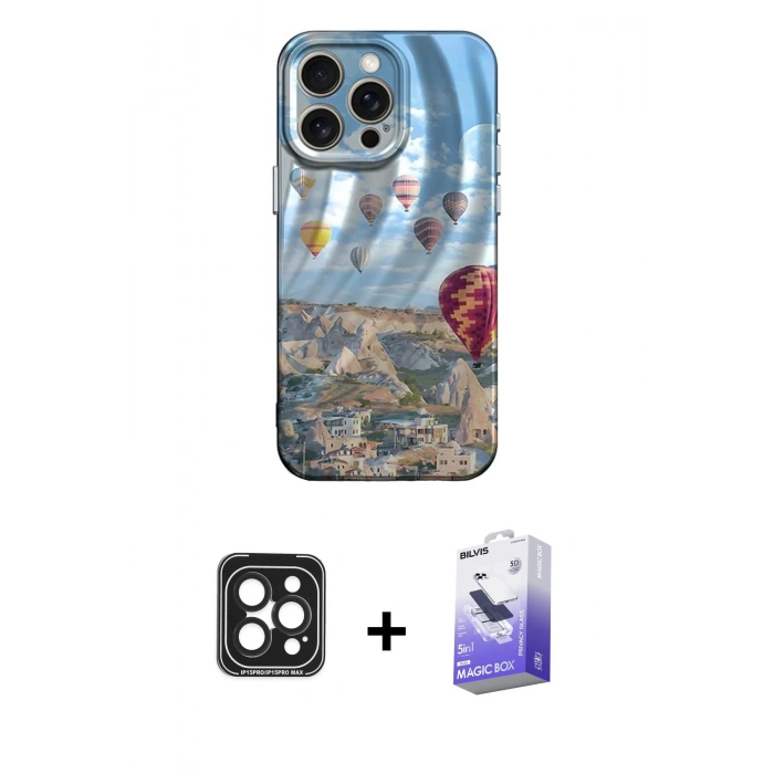 MARSİLYAN™- iPhone 15 Pro Max Kılıf Nova Doku Prime - Siyah Bilvis 5in1 5D Magic Hayalet Cam Ekran Koruyucu + PVD Metal Kamera Lens - SH