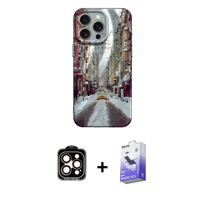 MARSİLYAN™- iPhone 15 Pro Max Kılıf Nova Doku Prime - Siyah Bilvis 5in1 5D Magic Hayalet Cam Ekran Koruyucu + PVD Metal Kamera Lens - TU